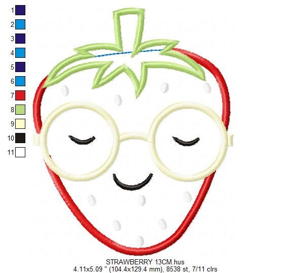 Strawberry applique embroidery designs - Fruit with glasses machine embroidery pattern - Kitchen Towel file - Strawberry applique design - Instant download