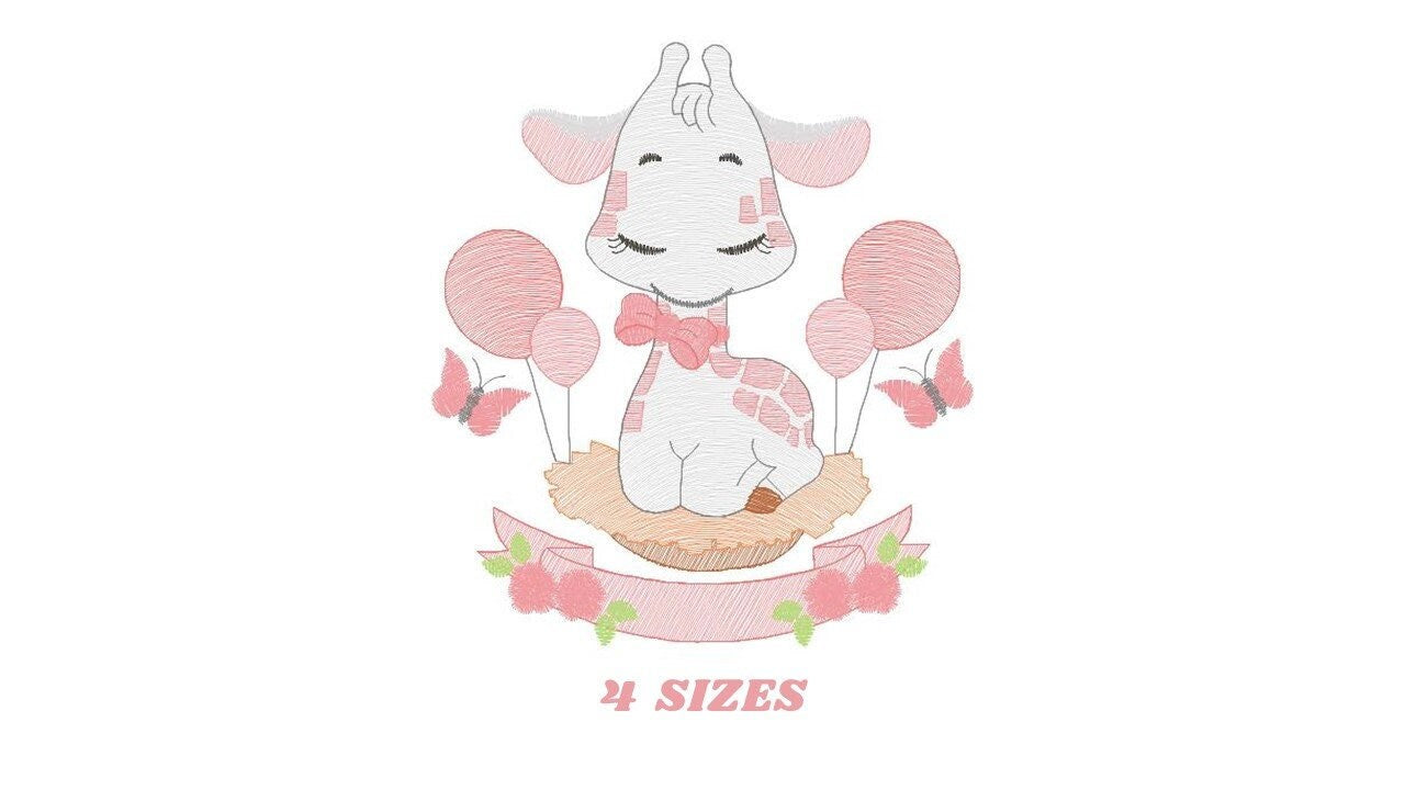 Giraffe with balloons embroidery design - Animal embroidery designs machine embroidery pattern - Girl embroidery file - instant download pes