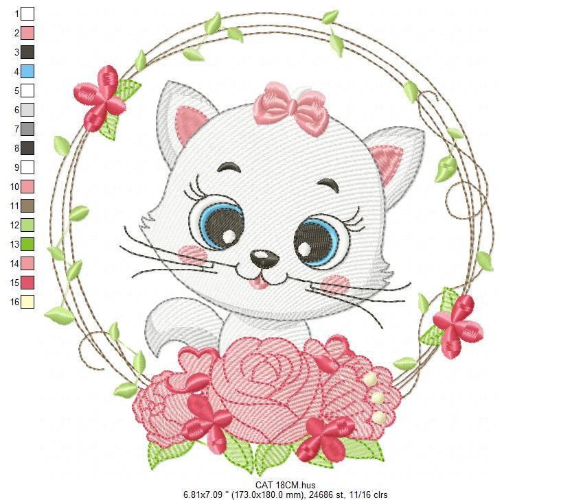 Cat embroidery design - Cat with flowers embroidery designs machine embroidery pattern - Kitten embroidery file - baby girl embroidery pes