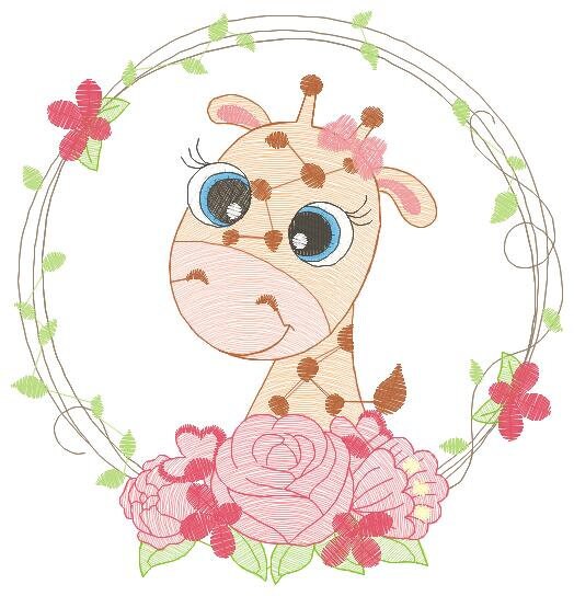 Giraffe with frame and roses embroidery designs - Safari wild animal embroidery design machine embroidery pattern - instant digital download