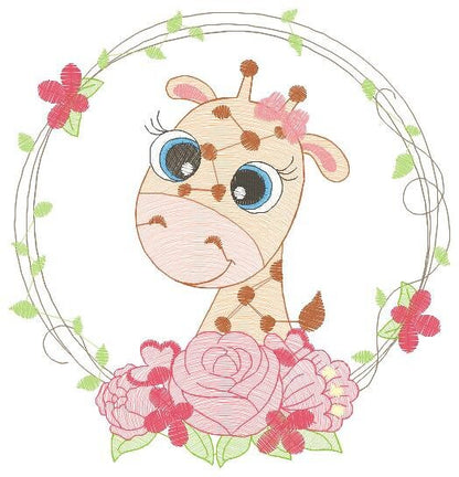 Giraffe with frame and roses embroidery designs - Safari wild animal embroidery design machine embroidery pattern - instant digital download
