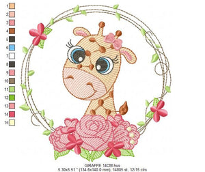 Giraffe with frame and roses embroidery designs - Safari wild animal embroidery design machine embroidery pattern - instant digital download