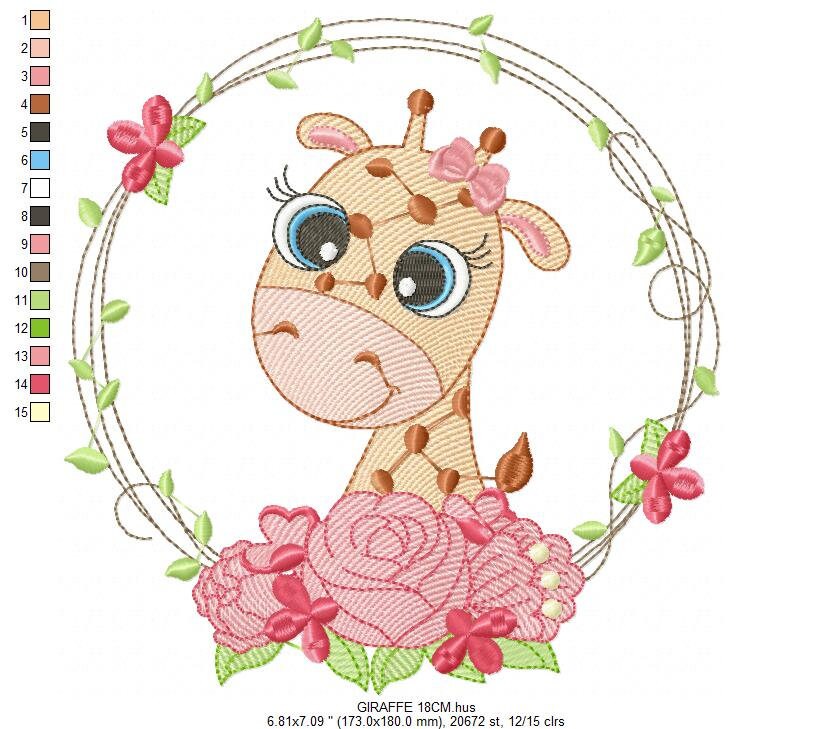 Giraffe with frame and roses embroidery designs - Safari wild animal embroidery design machine embroidery pattern - instant digital download