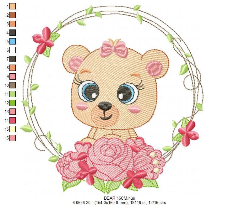 Teddy Bear embroidery designs - Baby girl embroidery design machine embroidery pattern - Bear with flowers embroidery file - digital file Marcia Embroidery