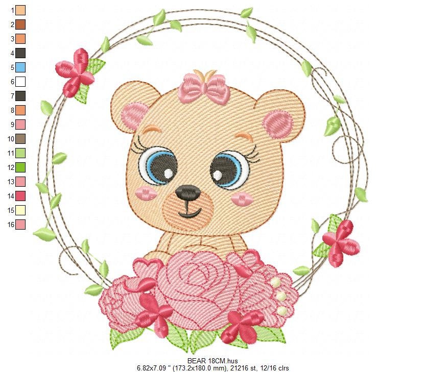 Teddy Bear embroidery designs - Baby girl embroidery design machine embroidery pattern - Bear with flowers embroidery file - digital file Marcia Embroidery