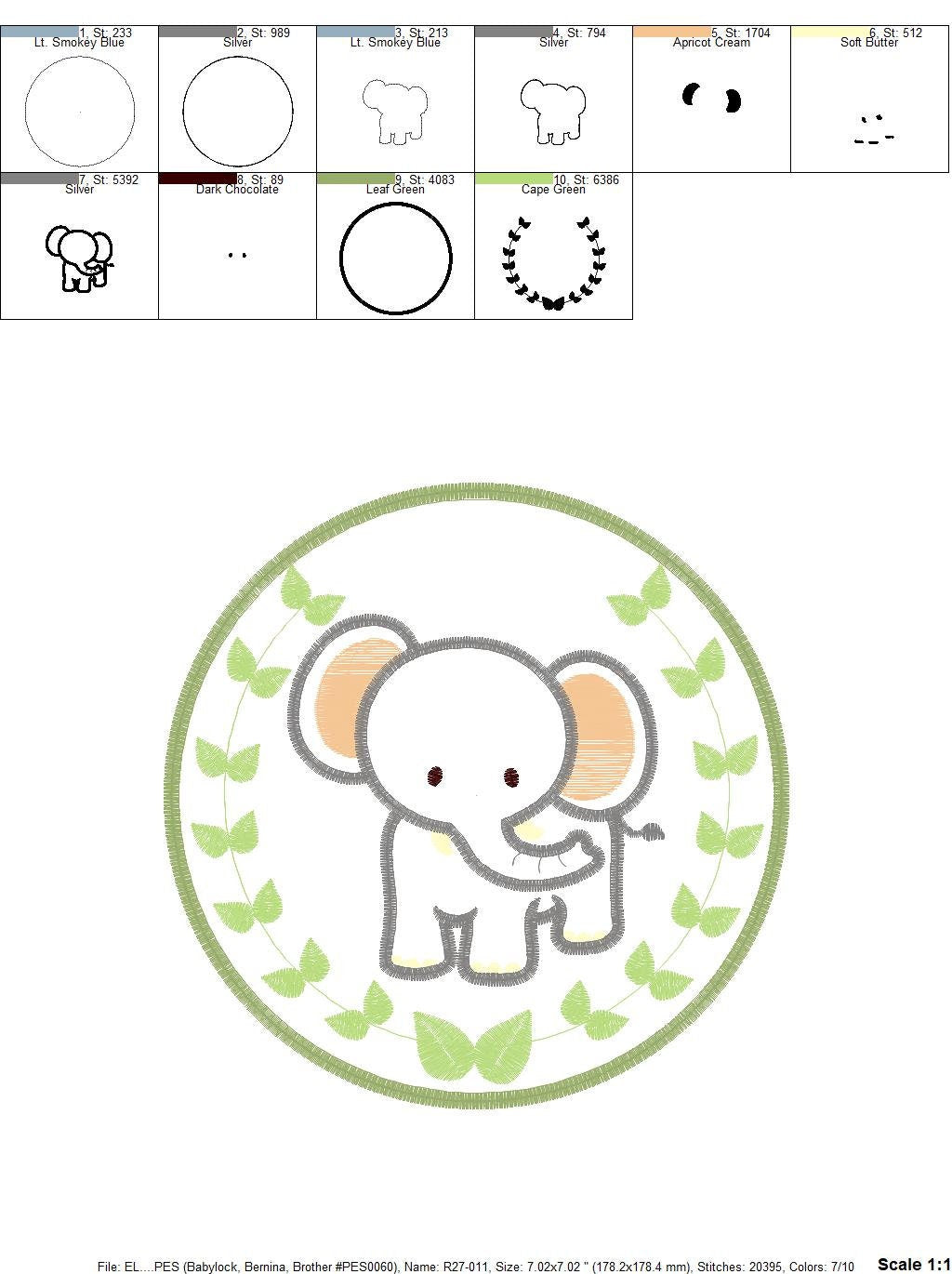 Elephant embroidery designs - Safari embroidery design machine embroidery pattern - Animal embroidery file - Tag Elephant applique frame pes Marcia Embroidery