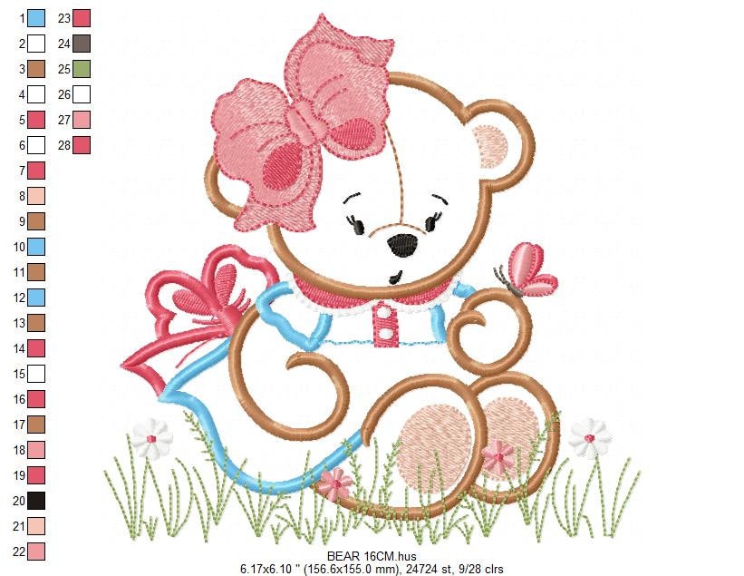 Bear embroidery designs - Baby girl embroidery design machine embroidery pattern - Female Bear with lace and dress embroidery file pes jef Marcia Embroidery