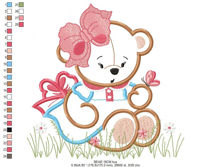 Bear embroidery designs - Baby girl embroidery design machine embroidery pattern - Female Bear with lace and dress embroidery file pes jef Marcia Embroidery