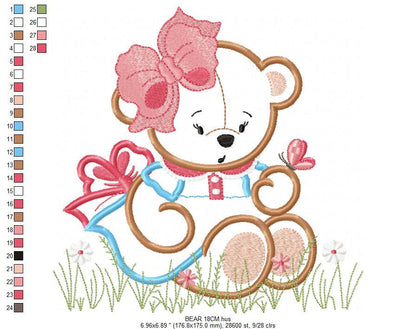 Bear embroidery designs - Baby girl embroidery design machine embroidery pattern - Female Bear with lace and dress embroidery file pes jef Marcia Embroidery