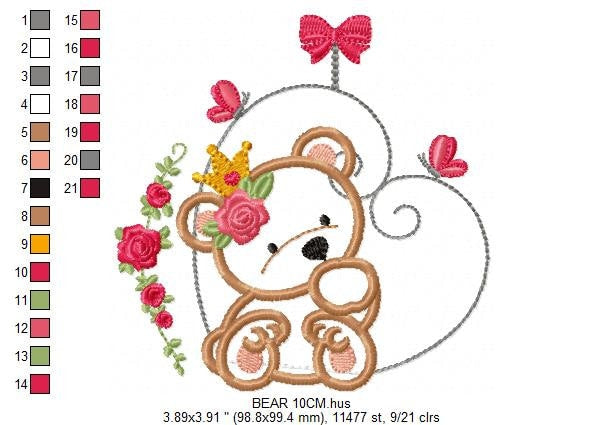 Female Bear embroidery designs - Baby girl embroidery design machine embroidery pattern - Bear with flowers and crown embroidery file pes