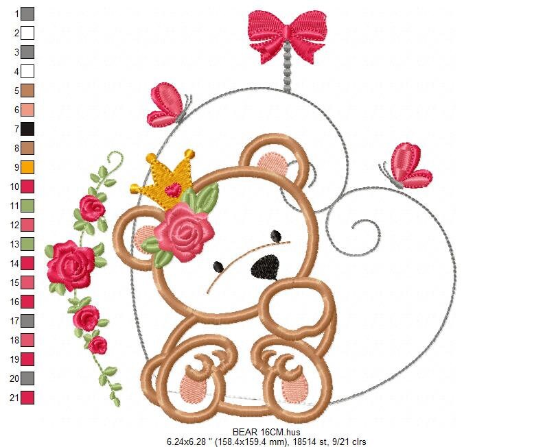 Female Bear embroidery designs - Baby girl embroidery design machine embroidery pattern - Bear with flowers and crown embroidery file pes