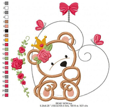 Female Bear embroidery designs - Baby girl embroidery design machine embroidery pattern - Bear with flowers and crown embroidery file pes