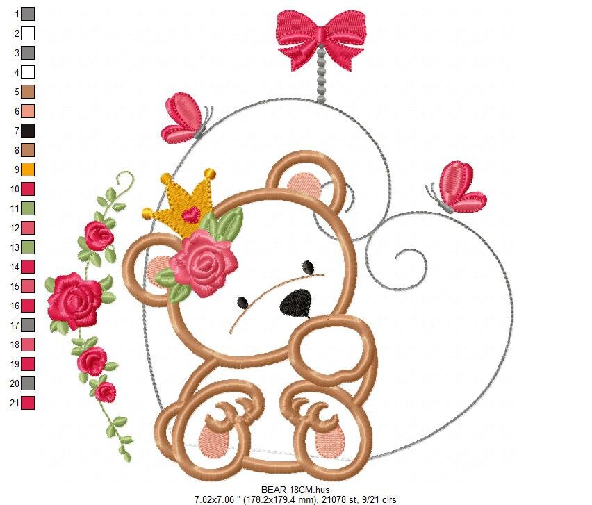 Female Bear embroidery designs - Baby girl embroidery design machine embroidery pattern - Bear with flowers and crown embroidery file pes