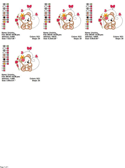 Female Bear embroidery designs - Baby girl embroidery design machine embroidery pattern - Bear with flowers and crown embroidery file pes