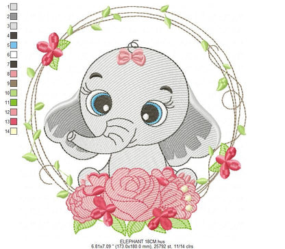 Elephant embroidery designs - Animal embroidery design machine embroidery pattern - Baby girl embroidery file - Elephant with flowers design