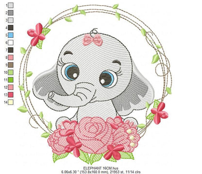 Elephant embroidery designs - Animal embroidery design machine embroidery pattern - Baby girl embroidery file - Elephant with flowers design