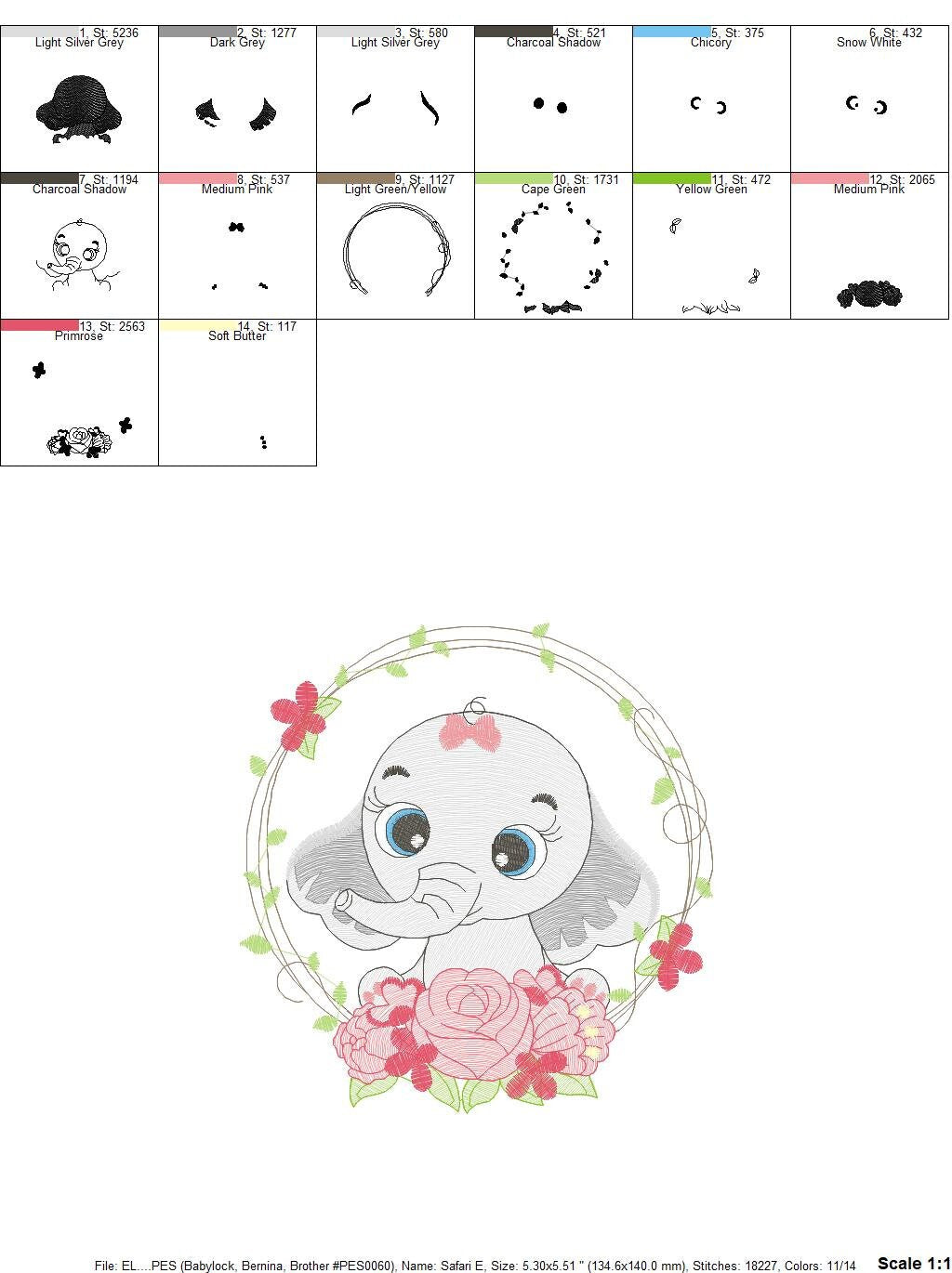 Elephant embroidery designs - Animal embroidery design machine embroidery pattern - Baby girl embroidery file - Elephant with flowers design