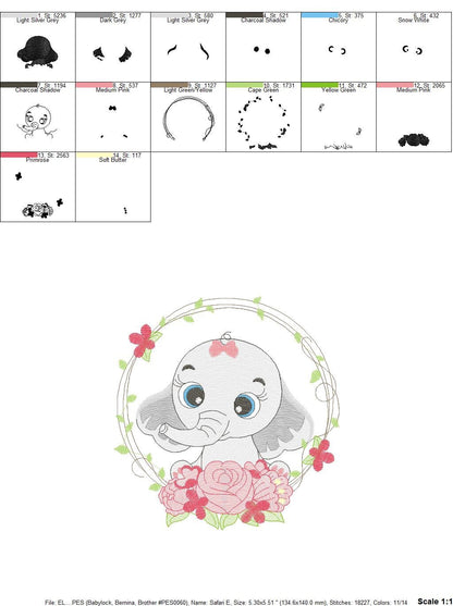 Elephant embroidery designs - Animal embroidery design machine embroidery pattern - Baby girl embroidery file - Elephant with flowers design
