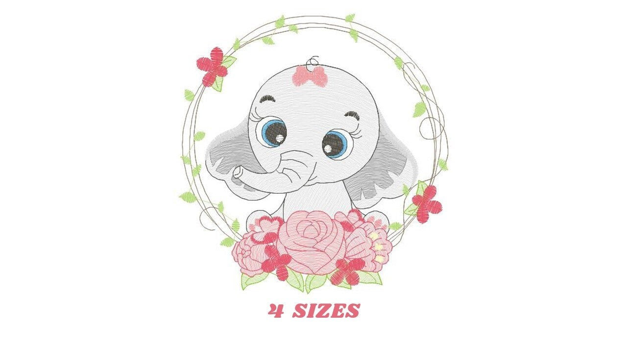 Elephant embroidery designs - Animal embroidery design machine embroidery pattern - Baby girl embroidery file - Elephant with flowers design