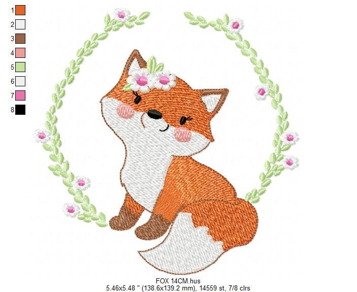 Fox embroidery designs - Red Fox with flower frame machine embroidery pattern - Woodland Wild Animal file - Instant digital download pes jef