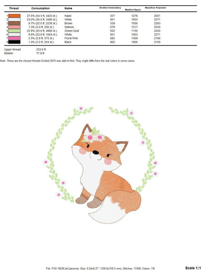 Fox embroidery designs - Red Fox with flower frame machine embroidery pattern - Woodland Wild Animal file - Instant digital download pes jef