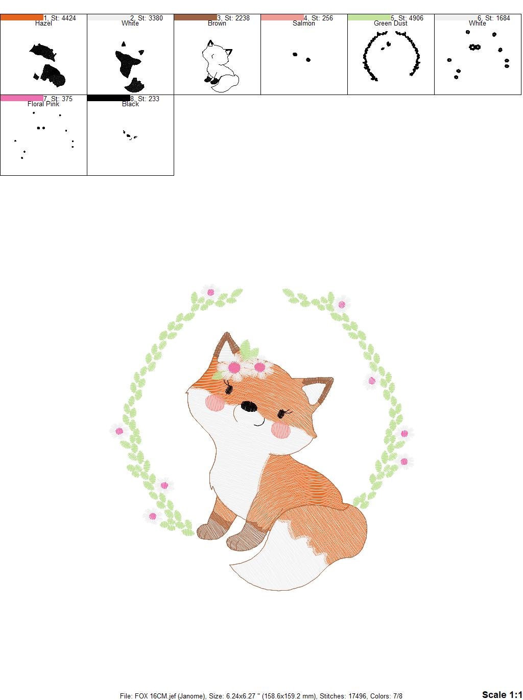 Fox embroidery designs - Red Fox with flower frame machine embroidery pattern - Woodland Wild Animal file - Instant digital download pes jef