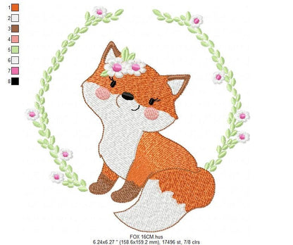 Fox embroidery designs - Red Fox with flower frame machine embroidery pattern - Woodland Wild Animal file - Instant digital download pes jef