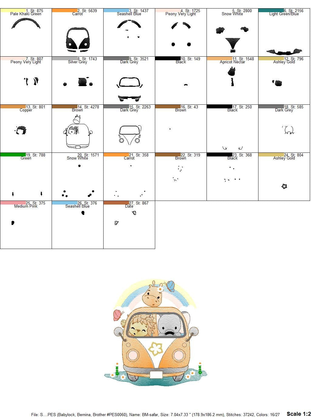 Safari embroidery designs - Animals embroidery design machine embroidery pattern - Mini bus combi embroidery file - lion elephant giraffe