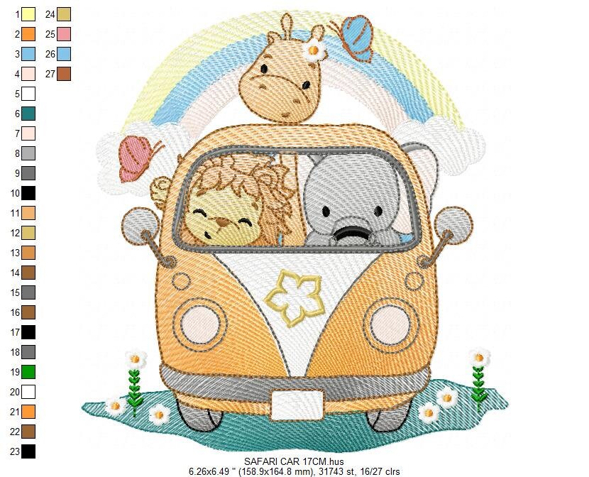 Safari embroidery designs - Animals embroidery design machine embroidery pattern - Mini bus combi embroidery file - lion elephant giraffe