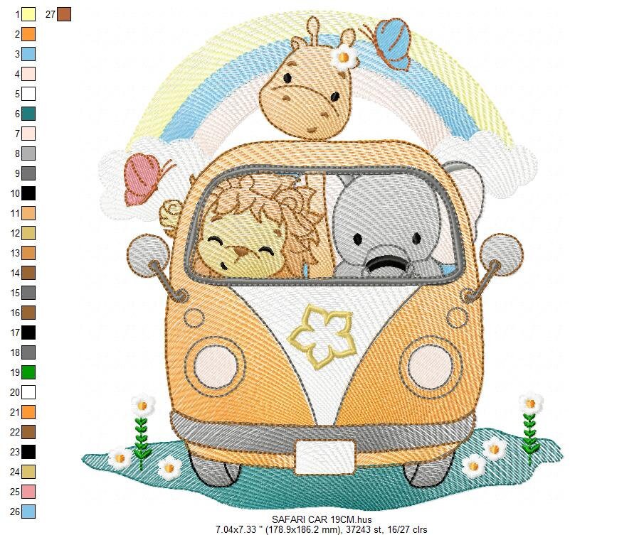 Safari embroidery designs - Animals embroidery design machine embroidery pattern - Mini bus combi embroidery file - lion elephant giraffe