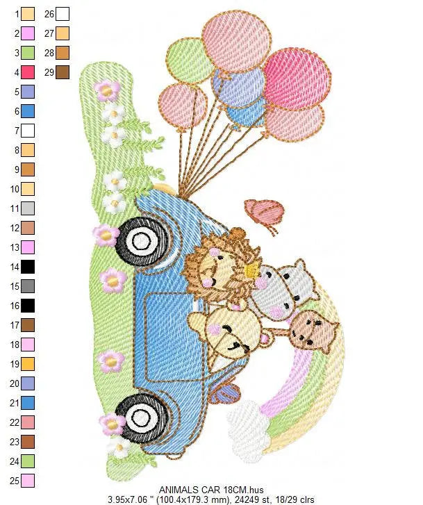 Safari animals in a car embroidery designs - Wild Animals with rainbow and balloons machine embroidery pattern - Lion elephant giraffe hippo Marcia Embroidery