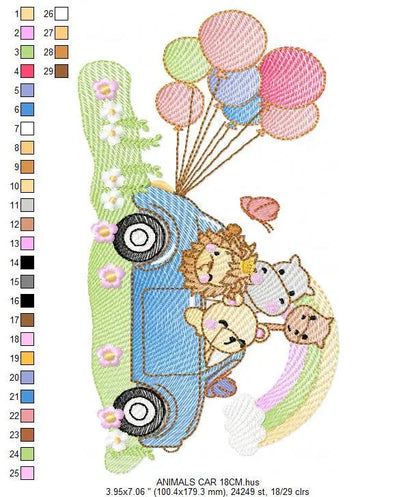 Safari animals in a car embroidery designs - Wild Animals with rainbow and balloons machine embroidery pattern - Lion elephant giraffe hippo Marcia Embroidery
