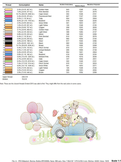 Safari animals in a car embroidery designs - Wild Animals with rainbow and balloons machine embroidery pattern - Lion elephant giraffe hippo Marcia Embroidery