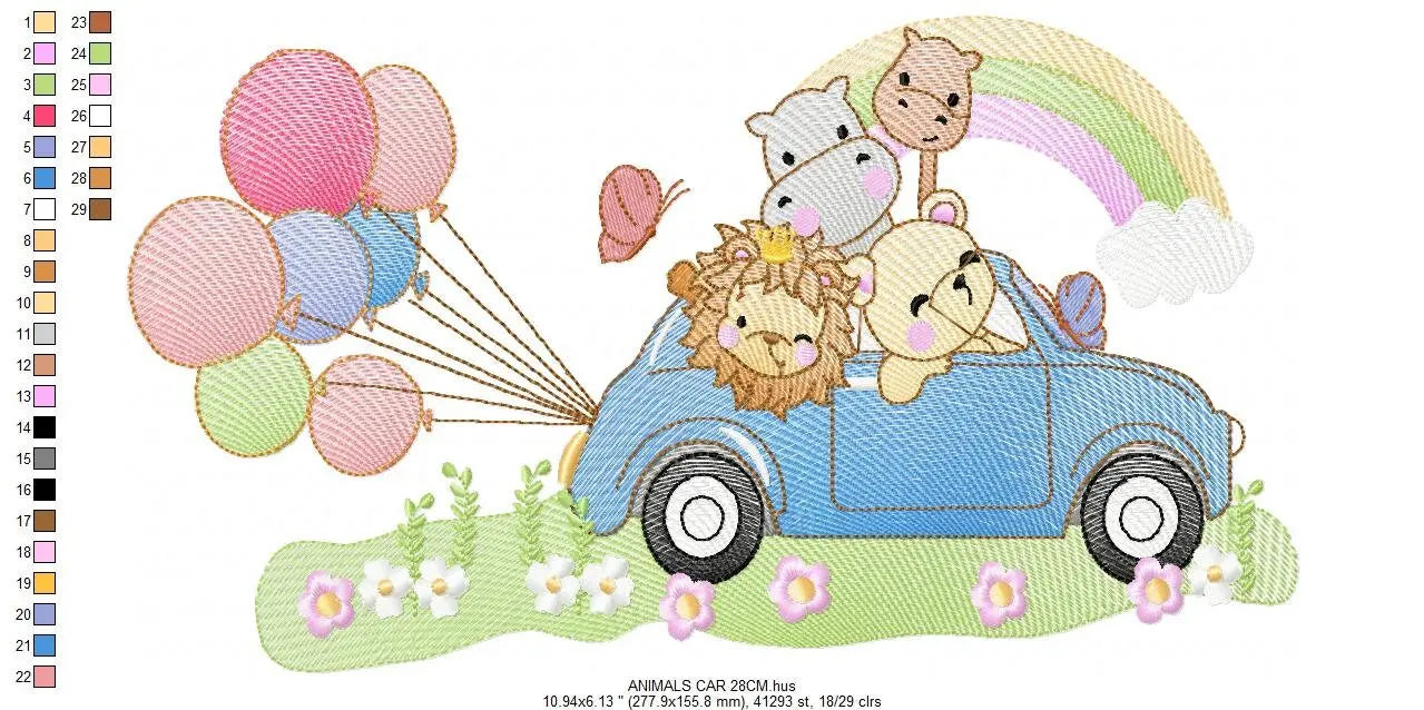 Safari animals in a car embroidery designs - Wild Animals with rainbow and balloons machine embroidery pattern - Lion elephant giraffe hippo Marcia Embroidery