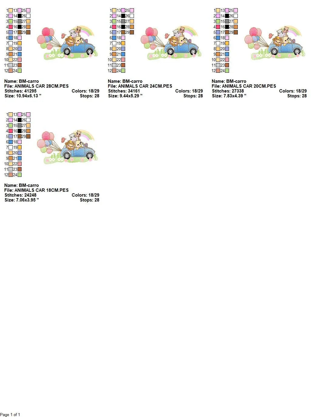 Safari animals in a car embroidery designs - Wild Animals with rainbow and balloons machine embroidery pattern - Lion elephant giraffe hippo Marcia Embroidery