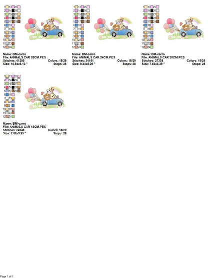 Safari animals in a car embroidery designs - Wild Animals with rainbow and balloons machine embroidery pattern - Lion elephant giraffe hippo Marcia Embroidery