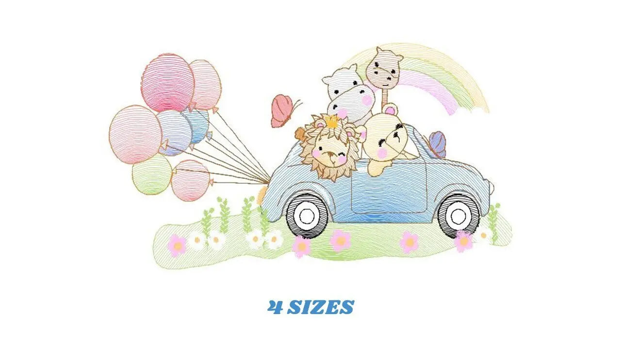 Safari animals in a car embroidery designs - Wild Animals with rainbow and balloons machine embroidery pattern - Lion elephant giraffe hippo Marcia Embroidery