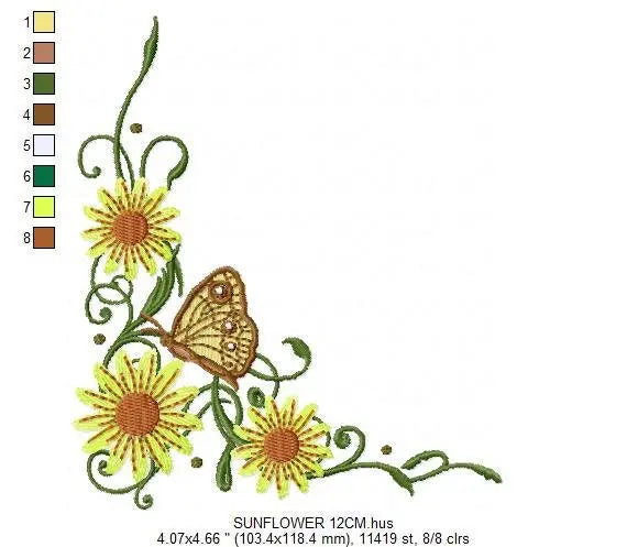 Flowers embroidery designs - Sunflower corner embroidery design machine embroidery pattern - Towel embroidery file flower applique floral Marcia Embroidery