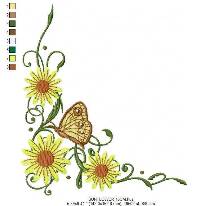 Flowers embroidery designs - Sunflower corner embroidery design machine embroidery pattern - Towel embroidery file flower applique floral Marcia Embroidery
