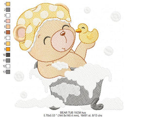 Bathing Bear embroidery designs - Baby girl embroidery design machine embroidery pattern - Bear with soap bubbles embroidery file download