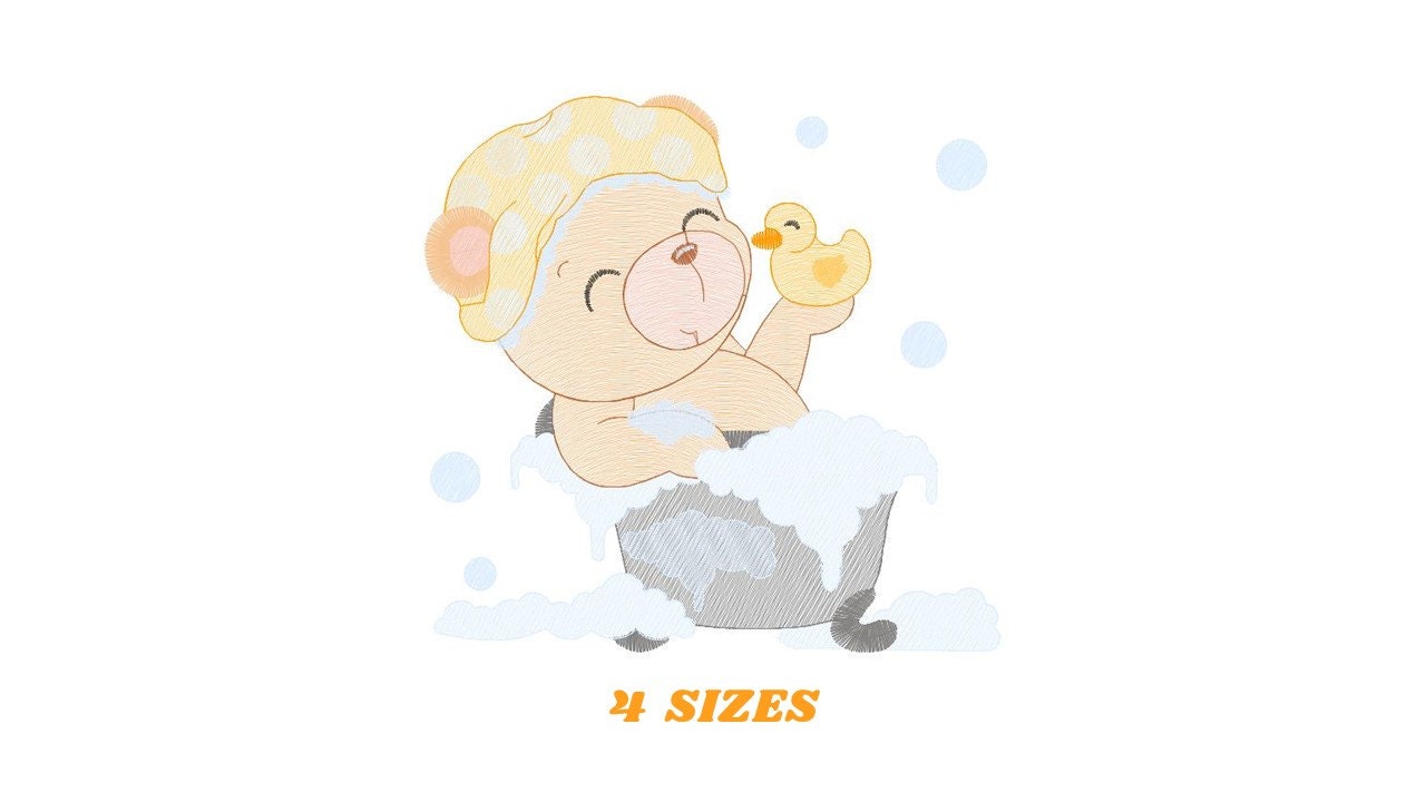 Bathing Bear embroidery designs - Baby girl embroidery design machine embroidery pattern - Bear with soap bubbles embroidery file download Marcia Embroidery