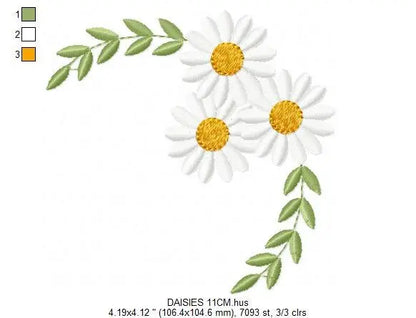 Daisies garden embroidery designs - Spring flowers embroidery design machine embroidery pattern - Tea towel corner embroidery file - kitchen Marcia Embroidery