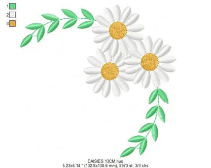 Daisies garden embroidery designs - Spring flowers embroidery design machine embroidery pattern - Tea towel corner embroidery file - kitchen Marcia Embroidery