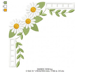 Daisies corner embroidery designs - Daisy embroidery design machine embroidery pattern - Tea towel embroidery file - kitchen apron pes jef