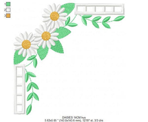 Daisies corner embroidery designs - Daisy embroidery design machine embroidery pattern - Tea towel embroidery file - kitchen apron pes jef