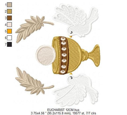 Chalice embroidery designs - Communion embroidery design machine embroidery pattern - Catholic embroidery file - Doves Bread Wheat church Marcia Embroidery