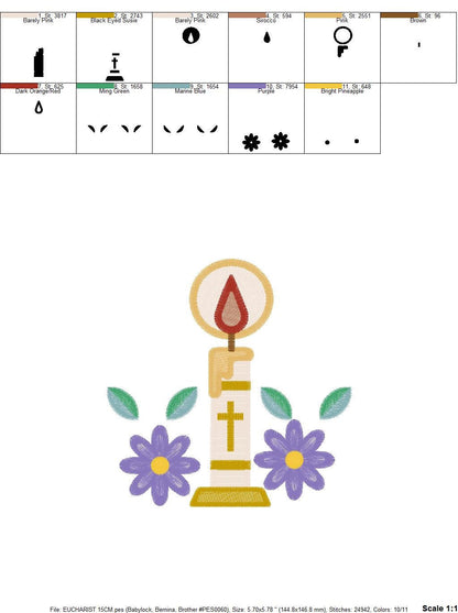 Holy candle embroidery designs - Communion Eucharist machine embroidery pattern - Religious Catholic file - Instant digital download pes jef