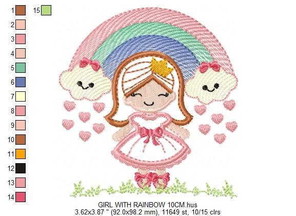 Girl with rainbow and hearts embroidery designs - Raining Rainbow embroidery design machine embroidery pattern - instant download pes jef Marcia Embroidery
