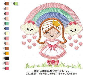 Girl with rainbow and hearts embroidery designs - Raining Rainbow embroidery design machine embroidery pattern - instant download pes jef Marcia Embroidery