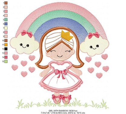 Girl with rainbow and hearts embroidery designs - Raining Rainbow embroidery design machine embroidery pattern - instant download pes jef Marcia Embroidery